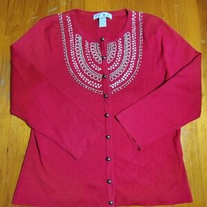 WDNY Women's Red Beaded Embellished Cardigan Sweater Size L Knit Top‎